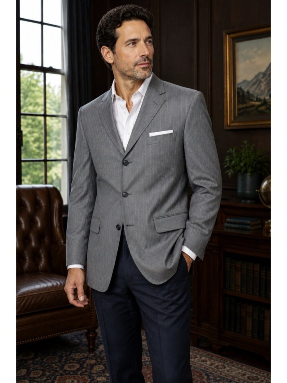 Tasso Elba Mens 42L Gray Pinstripe Wool Suit Jacket Blazer Super 110s VBC NWT